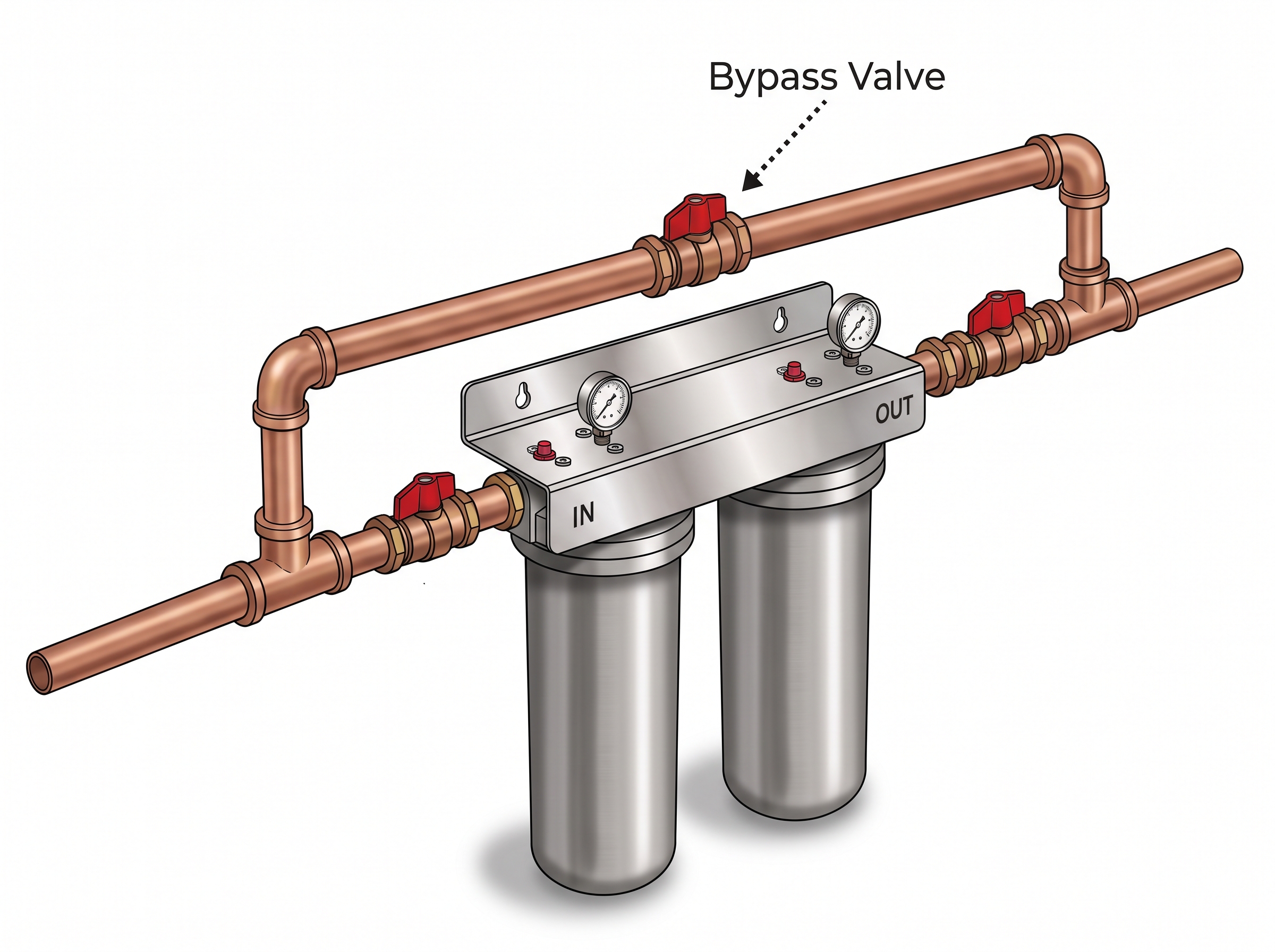 Stainless Steel Twin Home Water Filter drawing bypass valve