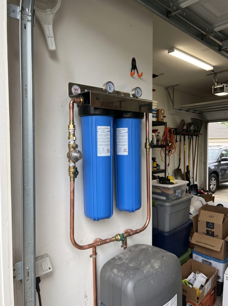 Twin Home Water Filter installed in garage